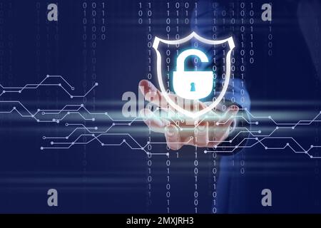 Cyber security concept. Man demonstrating padlock illustration, closeup Stock Photo