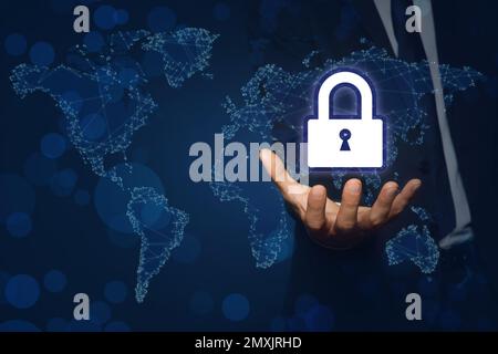 Cyber security concept. Man demonstrating padlock illustration, closeup Stock Photo