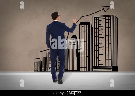 Real estate agent demonstrating prices at housing market. Man pointing on graph illustration Stock Photo
