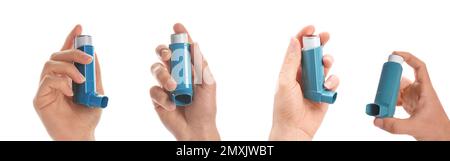 Collage with photos of people holding asthma inhalers on white background, closeup. Banner design Stock Photo