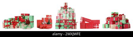 Set with piles of Christmas gift boxes on white background. Banner ...