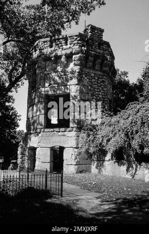 Exterior view of one of the stone towers at Bancroft Castle in Groton, Massachusetts. Image was captured on analog black and white film. Stock Photo