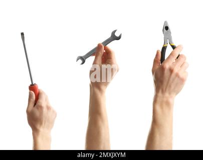 Set with photos of electricians holding different tools on white background, closeup Stock Photo