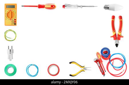 Frame of different electrician's tools and equipment on white background Stock Photo