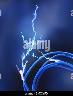 Sparking cables on dark blue background, closeup. Electrician's supply Stock Photo