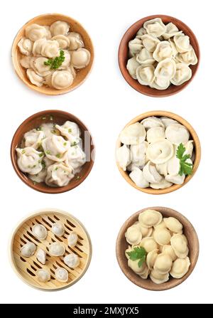 Set of tasty dumplings isolated on white, top view Stock Photo