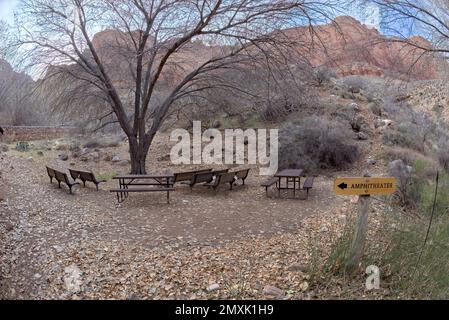 The day use amphitheater at Havasupai Gardens in Grand Canyon Arizona. This area used to be called Indian Gardens on older maps. Stock Photo