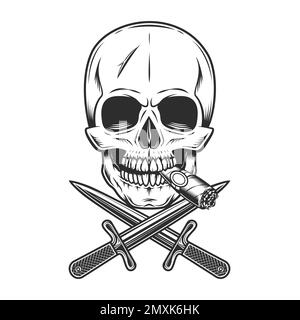 Gangster skull smoking cigar or cigarette smoke with crossed knives in vintage monochrome style isolated vector illustration Stock Vector