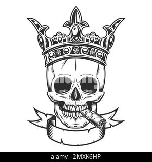 Skull smoking cigar or cigarette smoke in crown king with crossed swords and ribbon illustration. Vintage crowning, elegant queen or king crowns, roya Stock Vector