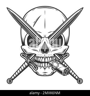 Vintage skull smoking cigar or cigarette smoke with crossed swords isolated vector illustration Stock Vector