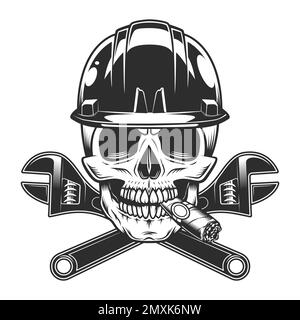 Builder skull skull smoking cigar or cigarette smoke in hard hat with crossed plumbing wrench from business new construction and remodeling house vint Stock Vector