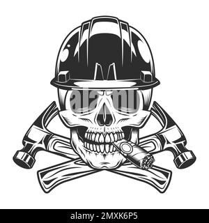 Skull smoking cigar or cigarette smoke and crossed builder hammers with hard hat from new construction and remodeling house business vintage style iso Stock Vector