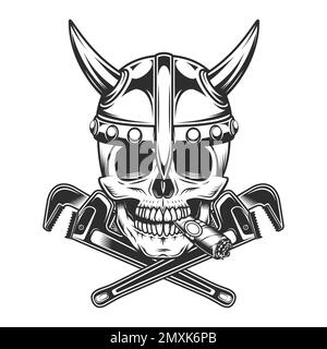 Skull smoking cigar or cigarette smoke with viking helmet and crossed adjustable wrench business builder from new construction and remodeling house il Stock Vector