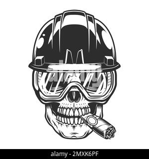 New construction builder skull smoking cigar or cigarette smoke in hard hat and safety glasses from business remodeling house vintage style illustrati Stock Vector