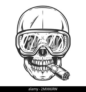 Construction worker skull builder smoking cigar or cigarette smoke in protective glasses in vintage monochrome style isolated vector illustration Stock Vector