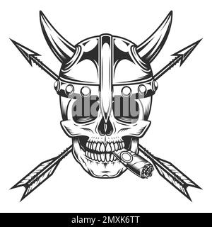 Viking skull smoking cigar or cigarette smoke with horned helmet and vintage hunting arrow in monochrome style isolated vector illustration. Design el Stock Vector