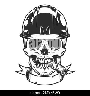 Builder skull smoking cigar or cigarette smoke in hard hat from business new construction and remodeling house with ribbon in vintage monohrome style Stock Vector