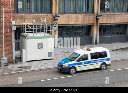 Fine dust measuring station on road, Neckartor, police car, Stuttgart, Baden-Württemberg, Germany, Europe Stock Photo