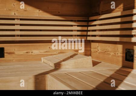 Sauna bench, interior of a Finnish sauna Stock Photo