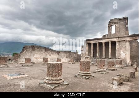 Archaeology, base of columns of basilica, ancient Roman city of Pompeii, Pompei, near Naples, Campania, Italy, Europe Stock Photo