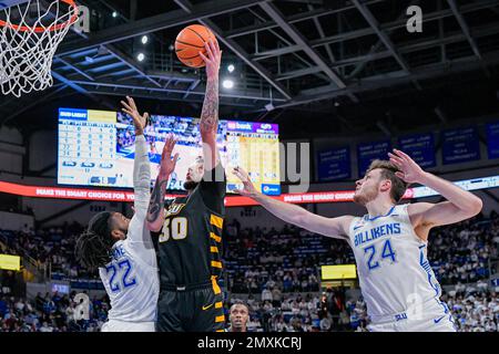 FEBRUARY 03, 2023: Virginia Commonwealth Rams forward Brandon Johns Jr. (30) puts up a shot against the defense of Saint Louis Billikens forward Terrence Hargrove Jr. (22) and Saint Louis Billikens guard Gibson Jimerson (24) in a conference game where the Virginia Commonwealth Rams visited the St. Louis Billikens. Held at Chaifetz Arena in St. Louis, MO on February 03, 2023 Richard Ulreich/CSM Stock Photo