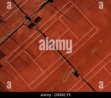 Drone shot, Empty tennis court from above, Unterach, Salzkammergut, Upper Austria, Austria, Europe Stock Photo