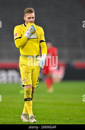 Goalkeeper Florian Müller VfB Stuttgart, disappointed, Mercedes-Benz Arena, Stuttgart, Baden-Württemberg, Germany, Europe Stock Photo