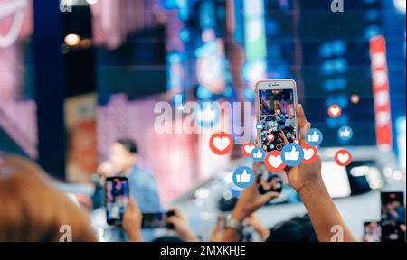Boy using smart phone. Smartphone in hands. Community, social media, communication concept Stock Photo