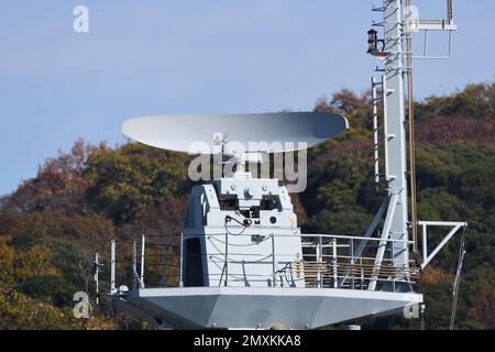 Kanagawa Prefecture, Japan - December 04, 2022: Royal Navy Terma Scanter 4000 Naval Air and Surface Surveillance Radar on HMS Tamar (P233). Stock Photo