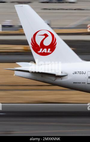 Tokyo, Japan. 2nd Feb, 2023. A Japan Airlines Boeing 777, tail 
