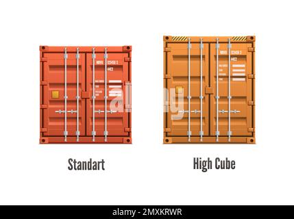 Two isolated realistic cargo containers of different colour and size with captions vector illustration Stock Vector