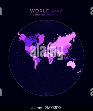World Map. Lagrange conformal projection. Digital world illustration. Bright pink neon colors on dark background. Powerful vector illustration. Stock Vector