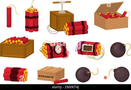 Dynamite bomb flat set with isolated icons of round bombs and boxes full of dynamite candles vector illustration Stock Vector
