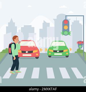 Children safety flat poster with schoolboy crossing street at red traffic light and talking on phone vector illustration Stock Vector