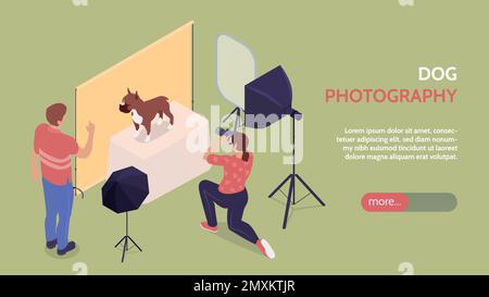 Photo session horizontal banner with kneeling female photographer photographing dog staying on box near owner isometric vector illustration Stock Vector