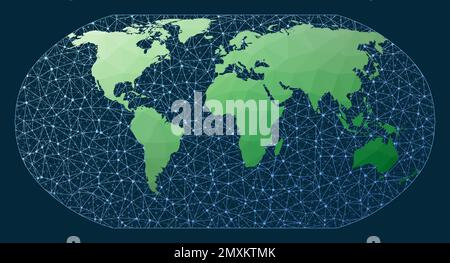 Abstract telecommunication world map. Robinson projection. Green low poly world map with network background. Classy connected globe for infographics o Stock Vector