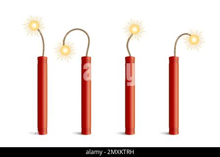 Dynamite bomb realistic set with isolated images of stick shaped explosive with burning wick with shadows vector illustration Stock Vector