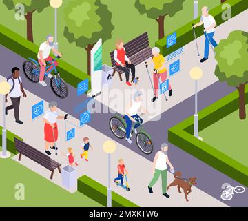 Senior healthcare healthy aging isometric composition with outdoor view of city garden with old people activities vector illustration Stock Vector