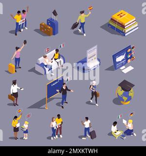 Global education student exchange isometric set with isolated compositions of young human characters and learning materials vector illustration Stock Vector