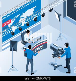 Tv news studio interior scene with anchorwoman and cameraman with camcorder 3d isometric vector illustration Stock Vector