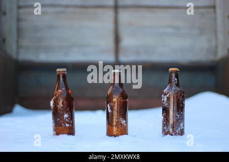 Three old beer bottles in the snow with a wooden background, in the back of an old truck box. Stock Photo