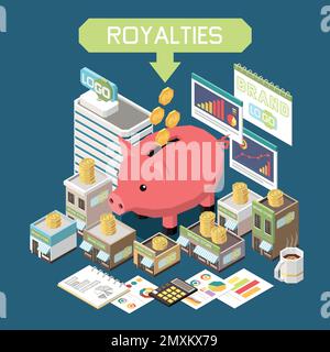 Royalties in franchise business isometric background with coins falling into big piggy bank vector illustration Stock Vector