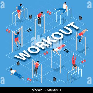 Isometric workout flowchart with men doing exercises on bars against blue background 3d vector illustration Stock Vector