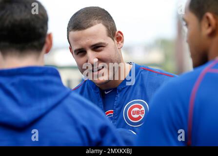 Chicago Cubs' Anthony Rizzo talks to Milwaukee Brewers' Christian Yelich  during the seventh inning of a baseball game Saturday, April 6, 2019, in  Milwaukee. (AP Photo/Aaron Gash Stock Photo - Alamy