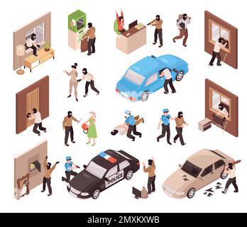 Isometric icons set with criminal police burglar and robbery scenes isolated vector illustration Stock Vector