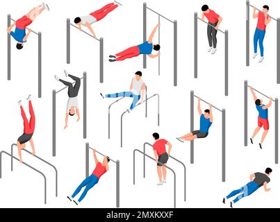 Workout isometric set with men doing push ups and pulls ups on bars isolated 3d vector illustration Stock Vector