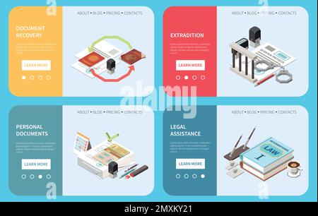 Embassy services landing pages providing information about legal assistance document recovery personal support extradition isometric vector illustrati Stock Vector