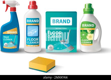 Household cleaning products realistic composition with detergent containers and sponge vector illustration Stock Vector