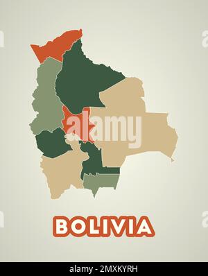 Bolivia poster in retro style. Map of the country with regions in autumn color palette. Shape of Bolivia with country name. Stock Vector