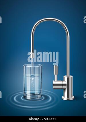 Water filter realistic with faucet and full glass vector illustration Stock Vector